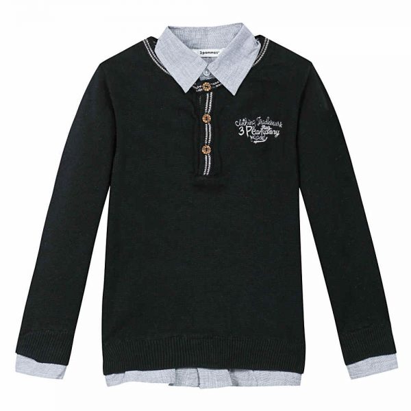 Image of 3 Pommes Boys Black Jumper with Shirt Collar