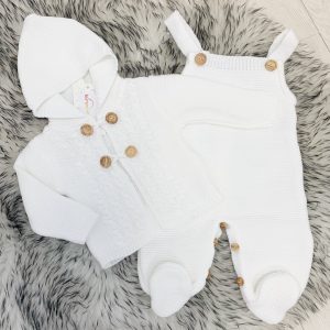 Unisex White Knitted Dungaree Outfit