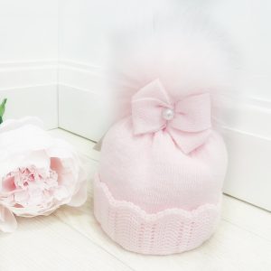 Baby Girls Pink Bow Pearl Pom Pom Hat