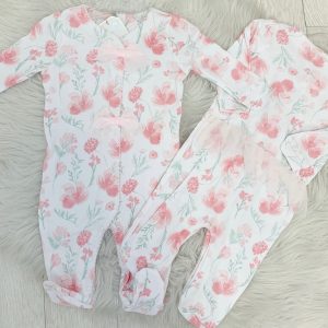 Baby Girls Pink Floral Babygrow with Bows