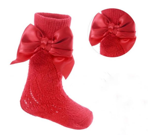 Infants Red Knee Socks With Satin Bow