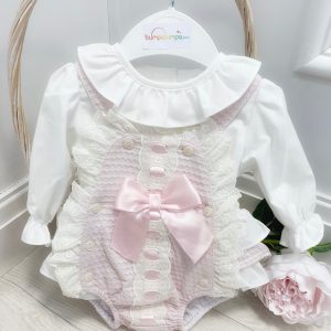 Baby Girls Pink Dungaree Set with Lace & Bow