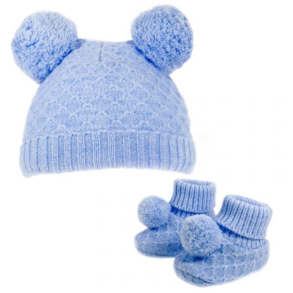 Baby Boys Blue Pom Pom Hat & Bootees