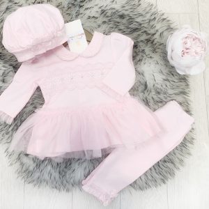 Mintini Baby Girls Pink Dress Leggings & Hat Set