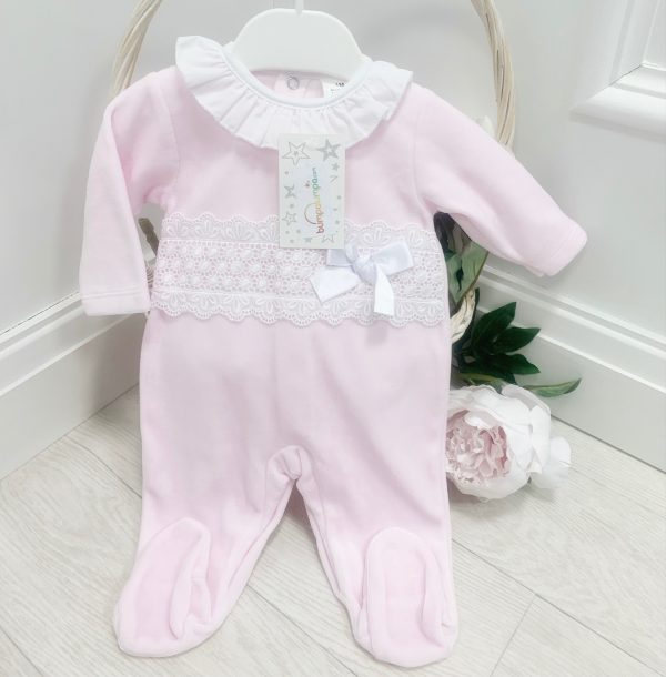 Baby Girls Pink Velour Babygrow with Lace