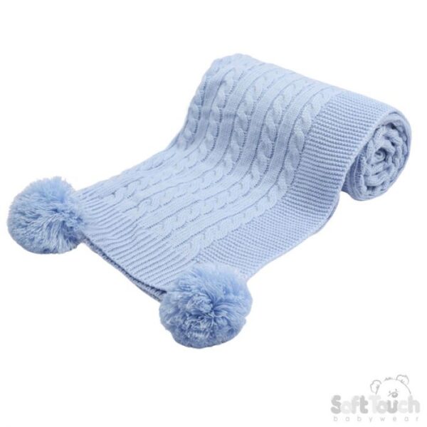 Baby Boys Blue Pom Pom Cable Knit Blanket