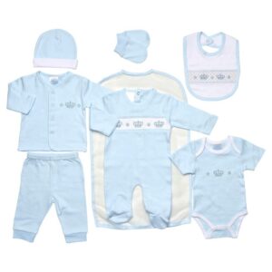 Baby Boys Blue Seven Piece Babygrow Set