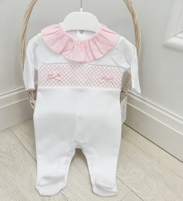 Baby Girls White & Pink Babygrow with Smocking & Frill Collar