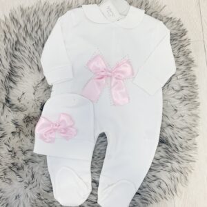 Baby Girls White Babygrow with Pink Bows
